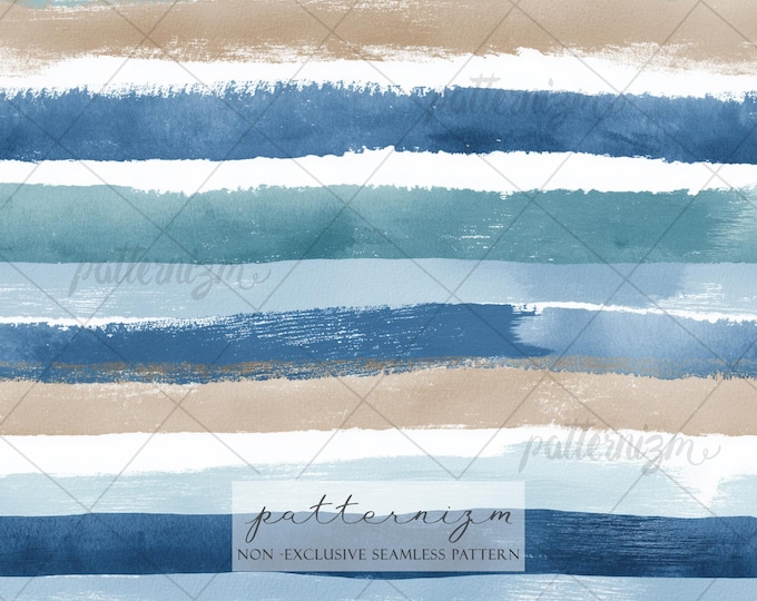 Seamless Watercolor Stripe Pattern Digital Download – Blue Neutral Brush Stroke Design, Minimal Coastal Fabric & Wallpaper
