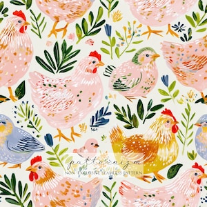 May include: Seamless pattern featuring colorful illustrations of chickens, chicks, and foliage. The chickens are in shades of pink, orange, and yellow, with red combs. Green and blue leaves and flowers are scattered throughout the design. The text "patternizm" is visible.