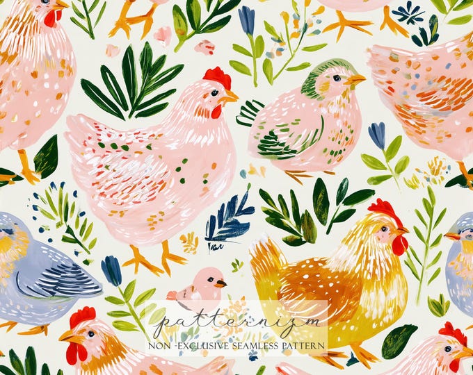 Farm Chicken Seamless Pattern – Cute Hen and Chick Watercolor Animal Digital Paper for Kids Crafts & Country Decor