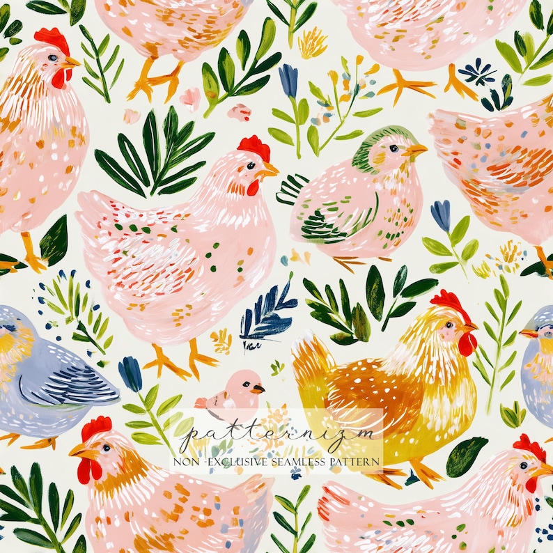 Farm Chicken Seamless Pattern – Cute Hen and Chick Watercolor Animal ...
