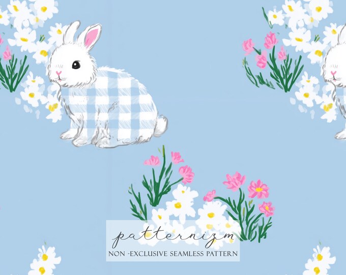 Cute Bunny Frame Seamless Pattern – Easter Rabbit Repeat Design, Baby Blue Nursery Fabric, Spring Kids Wallpaper