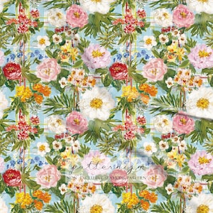 Op de afbeelding: Een bloemenpatroon met een aquarelontwerp van pioenrozen, rozen en andere bloemen in roze, rood, geel en wit, tegen een lichtblauwe geruite achtergrond. De tekst "patternizm" en "NON EXCLUSIVE SEAMLESS PATTERN" zijn zichtbaar.