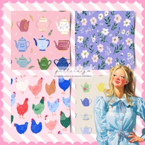 May include: A collage of four seamless pattern designs. One features various teapots on a pink background. Another showcases white flowers on a purple backdrop. The third displays chickens on a pink background. The fourth shows teapots on a beige background.
