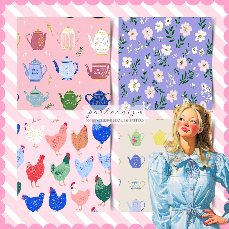 May include: A collage of four seamless pattern designs. One features various teapots on a pink background. Another showcases white flowers on a purple backdrop. The third displays chickens on a pink background. The fourth shows teapots on a beige background.