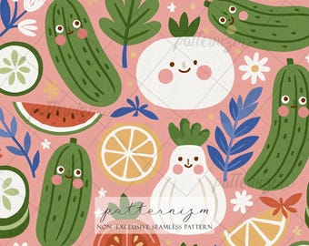 Cute Veggie Friends Seamless Pattern Digital Download – Kawaii Cucumber & Garlic Design, Summer Kitchen Fabric