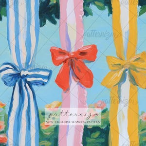 May include: An artistic painting of three vertical striped columns in blue, pink, and yellow, each tied with a large bow. The blue column has white stripes, the pink has white stripes, and the yellow has white stripes. The background is a light blue sky with green foliage.