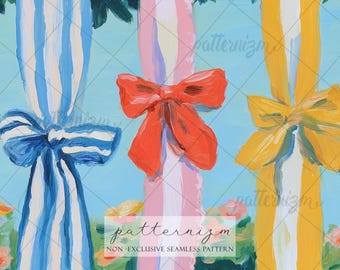 Seamless Coquette Bow Pattern Digital Download – Summer Garden Stripe Design, Painterly Ribbon Print, Cottagecore Floral Fabric