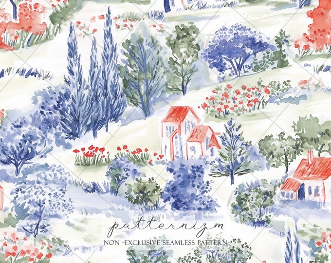 Seamless Countryside Pattern Digital Download – Watercolor Village Landscape, Soft Rural Scene, Pastoral Design