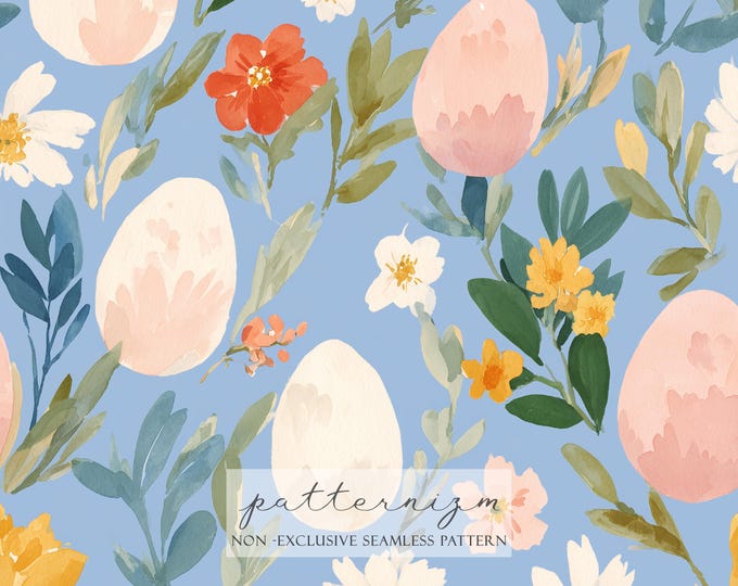 Seamless Easter Egg Floral Pattern Digital Download – Watercolor Spring Egg Repeat, Pastel Fabric Design