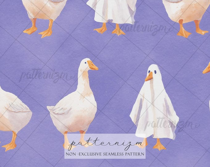 Seamless Halloween Silly Goose Pattern Digital Download – Cute Ghost Goose Illustration, Spooky Cute Fabric