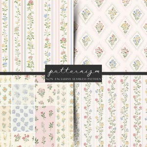 May include: A selection of floral seamless patterns. The designs feature vertical stripes with floral vines, diamond shapes with floral bouquets, and diverse floral arrangements. The text "patternizm NON-EXCLUSIVE SEAMLESS PATTERN" is visible.
