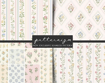 Grandmillennial Floral Stripe Seamless Pattern Bundle – Grandmacore Vintage Garden Repeats, Cottage Fabric & Wallpaper Set