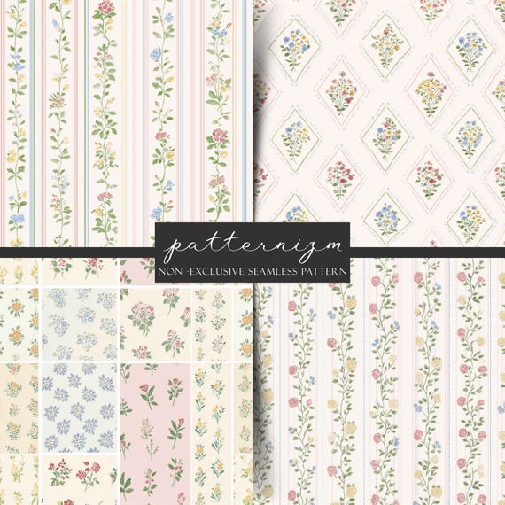 Grandmillennial Floral Stripe Seamless Pattern Bundle – Grandmacore Vintage Garden Repeats, Cottage Fabric & Wallpaper Set