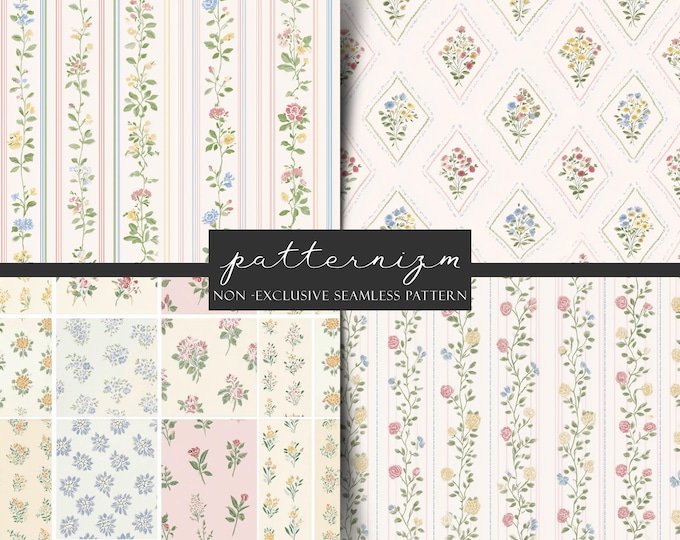 Grandmillennial Floral Stripe Seamless Pattern Bundle – Grandmacore Vintage Garden Repeats, Cottage Fabric & Wallpaper Set