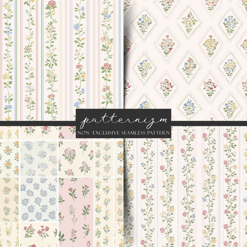 May include: A collection of floral seamless patterns. The patterns include vertical stripes with floral vines, diamond shapes with floral bouquets, and various floral arrangements. The text "patternizm NON-EXCLUSIVE SEAMLESS PATTERN" is visible.