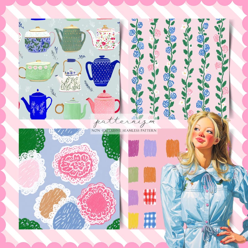 May include: A collage of patterns and illustrations. Includes teapots, floral vines, doily-like designs, and a color palette. A woman in a blue dress is also featured. The text "patternizm" and "NON-EXCLUSIVE SEAMLESS PATTERN" are visible.