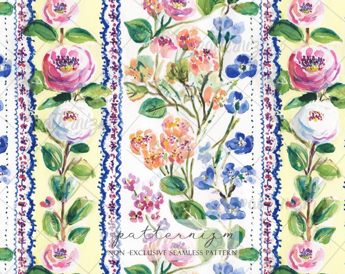Colorful Floral Stripe Seamless Pattern – Vibrant Watercolor Garden Design, Maximalist Fabric Print, Artistic Flower Texture
