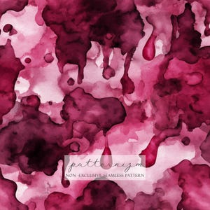 May include: Abstract watercolor pattern in shades of burgundy and pink. The design features flowing, organic shapes with drips and splatters, creating a textured effect. The text "patternizm" and "NON-EXCLUSIVE SEAMLESS PATTERN" are visible.
