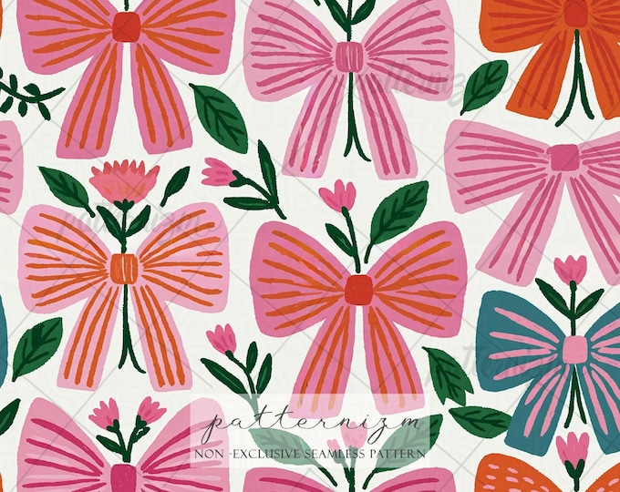 Colorful Coquette Bow Seamless Pattern Digital Download – Pink Floral Ribbon Cottagecore Fabric Design