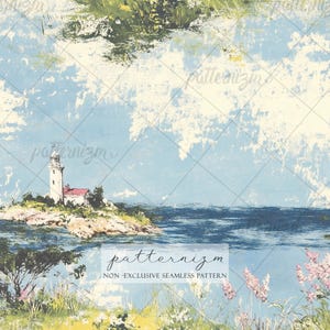 May include: Seamless pattern featuring a coastal landscape with a lighthouse on a rocky island. The artwork has a vintage, painterly style with a blue sky, ocean, and green and yellow vegetation. The text "patternizm" and "NON-EXCLUSIVE SEAMLESS PATTERN" are visible.
