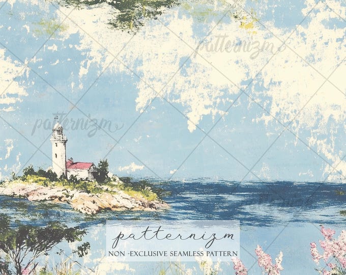 Coastal Seamless Pattern, Lighthouse Ocean Design, Nautical Landscape Print, Beach Cottage Pattern, Summer Seaside Fabric