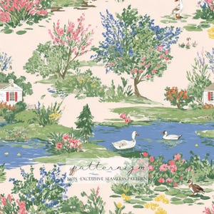 May include: A seamless pattern depicting a tranquil landscape with a pond, trees, and houses. The design includes pink and blue flowering trees, white ducks, and the text "patternizm NON - EXCLUSIVE SEAMLESS PATTERN". The color palette is soft and pastel.