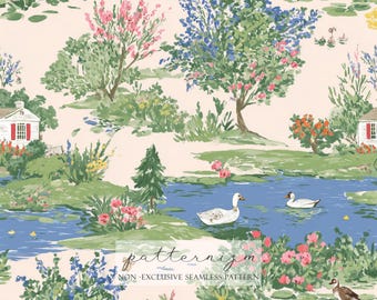 Watercolor Pond Seamless Pattern, Cottage Garden Ducks Landscape Repeat, Soft Vintage Scenic Print