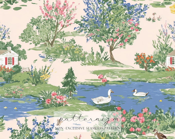 Watercolor Pond Seamless Pattern, Cottage Garden Ducks Landscape Repeat, Soft Vintage Scenic Print