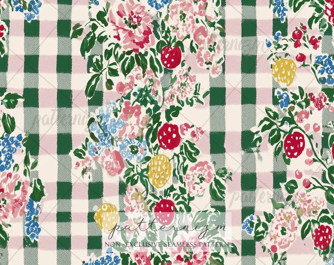 Strawberry Gingham Pattern Digital Download – Floral Picnic Seamless Design, Cottagecore Fruit Print, Summer Fabric Pattern