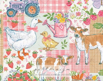May include: A seamless pattern featuring a purple tractor, a white goose with a pink bow, a yellow duckling, a brown and white calf, a pink watering can with flowers, strawberries, carrots, and a butterfly on a red and white plaid background.
