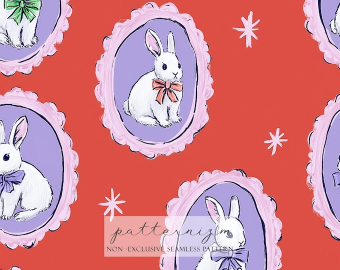 Vintage Cameo Bunny Seamless Pattern – Whimsical Rabbit Frames, Retro Easter Fabric