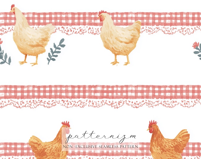 Watercolor Chicken Pattern Digital Paper – Farm Hen Border with Gingham and Lace, Rustic Seamless Design