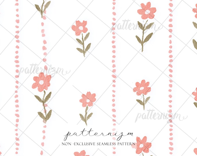 Seamless Mini Floral Stripe Pattern Digital Download – Painted Pink Flowers, Minimal Cottage Fabric