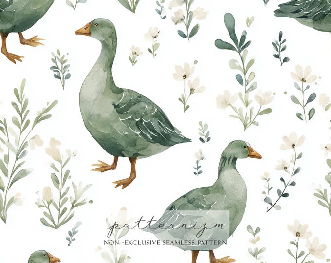 Watercolor Goose Seamless Pattern – Sage Green Geese with Soft Botanical Elements Digital Paper for Farm Crafts
