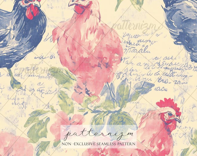 Seamless Vintage Chicken Pattern Digital Download – Rustic Farm Hen with Floral Script Background, Cottagecore Fabric Print