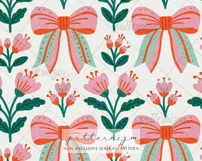 Coquette Bow Seamless Pattern Digital Download – Pink Floral Ribbon Cottagecore Fabric Design for Spring