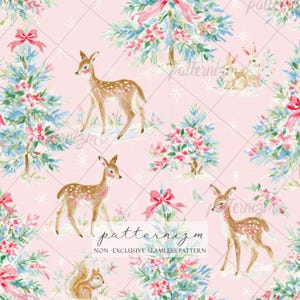 May include: A seamless pattern on a light pink background featuring watercolour illustrations of brown fawns, rabbits, and squirrels interspersed with evergreen trees decorated with pink bows and small white star accents throughout the design.