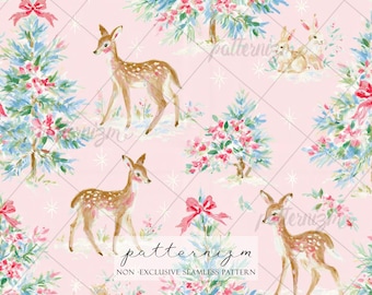Seamless Pattern, Pastel Christmas Deer Digital Download, Woodland Rabbit Repeat Design, Whimsical Holiday Wallpaper Print