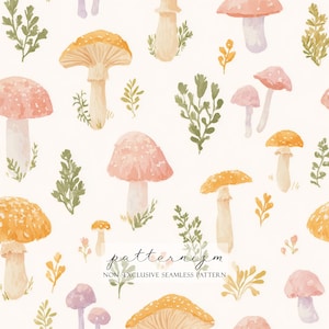 Puede incluir: Patrón sin costuras de acuarela con setas naranjas, rosas y moradas, y follaje verde y amarillo sobre un fondo blanco. También se ve el texto "patternizm" y "NON-EXCLUSIVE SEAMLESS PATTERN".