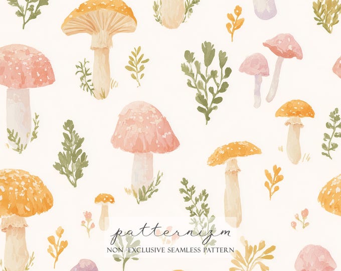 Watercolor Mushroom Pattern Digital Paper – Soft Pastel Fungi Illustration, Botanical Seamless Design for Fabric, Crafts & Nursery
