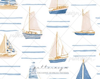 Sailboat Stripe Seamless Pattern Digital Paper – Nautical Coastal Repeat Design