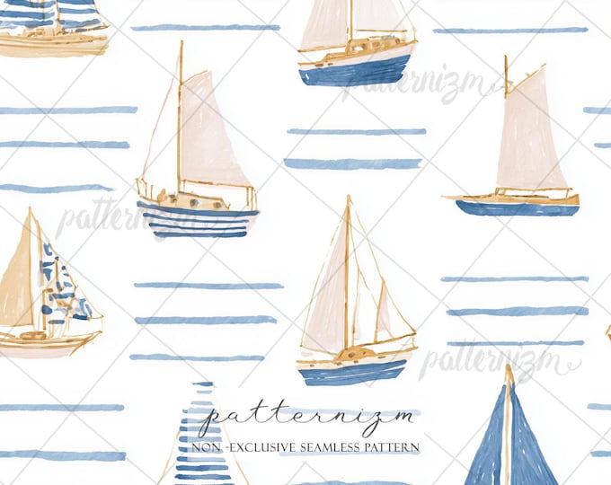Sailboat Stripe Seamless Pattern Digital Paper – Nautical Coastal Repeat Design