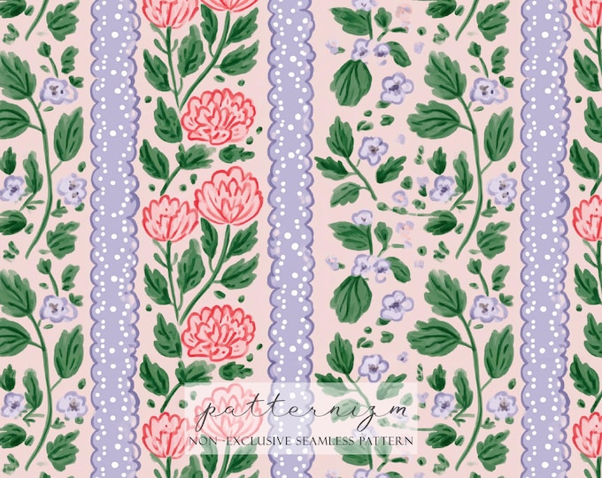 Floral Stripe Seamless Pattern – Pink Blossoms with Scallop Lace, Vintage Cottage Repeat Design