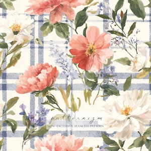 Könnte beinhalten: Aquarell-Blumenmuster mit rosa, roten und weißen Blumen, grünen Blättern und einem blau-weiß karierten Hintergrund. Der Text "patternizm" und "NON-EXCLUSIVE SEAMLESS PATTERN" sind sichtbar.