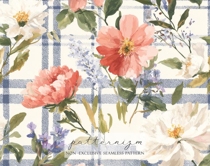 Watercolor Floral Pattern on Blue Plaid – Vintage Garden Flowers Seamless Repeat, Grandmillennial Decor