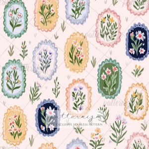 Naadloos medaillon met bloemenstempel – Geschilderde botanische badges, vintage ambachtelijk herhalingsontwerp voor stof en papier