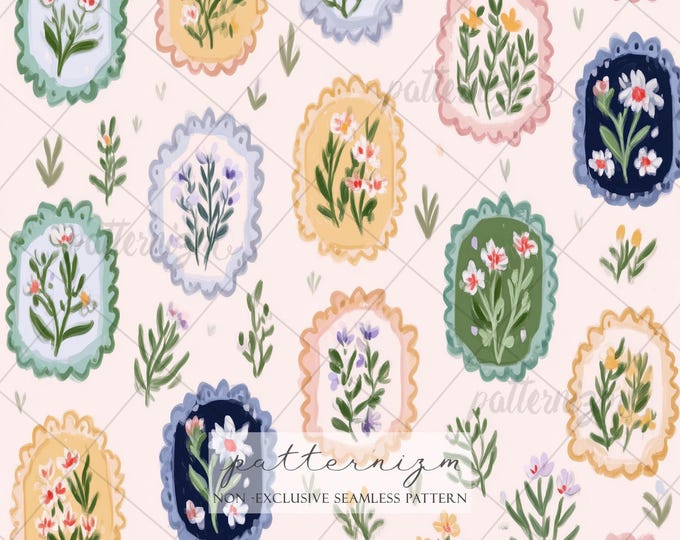 Floral Stamp Medallion Seamless Pattern – Painted Botanical Badges, Vintage Craft Repeat Design for Fabric & Paper
