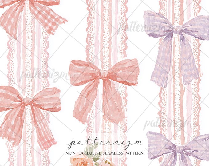Seamless Coquette Nursery Pattern Digital Download – Pink Bow Lace Stripe Design, Baby Girl Floral Print, Soft Pastel Fabric