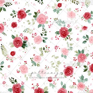May include: A seamless floral pattern featuring watercolor roses in shades of red and pink, interspersed with green leaves and small red berries. The design is set against a white background with a subtle grid pattern. The text "patternizm" is visible.