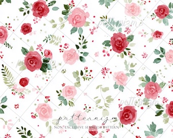 Seamless Watercolor Rosebud Pattern Digital Download – Dainty Red & Pink Floral Design, Whimsical Shabby Chic Fabric for Crafts